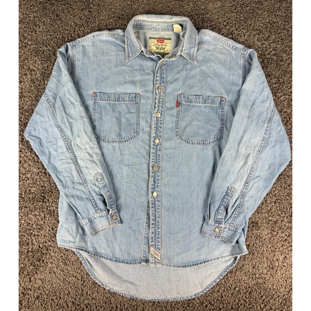 Vintage 90s Levis Denim Button Down Shirt Mens L Light Wash Green Label